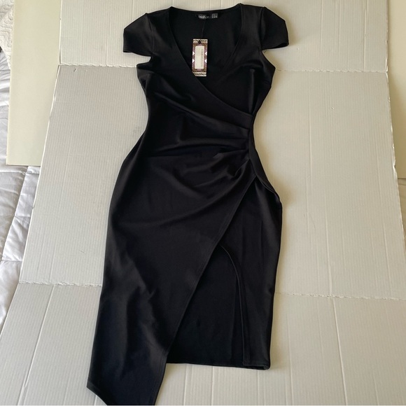 Boohoo Black Asymmetrical Wrap Dress Rushed Waist Little Black Dress Cap Sleeves - Picture 13 of 16